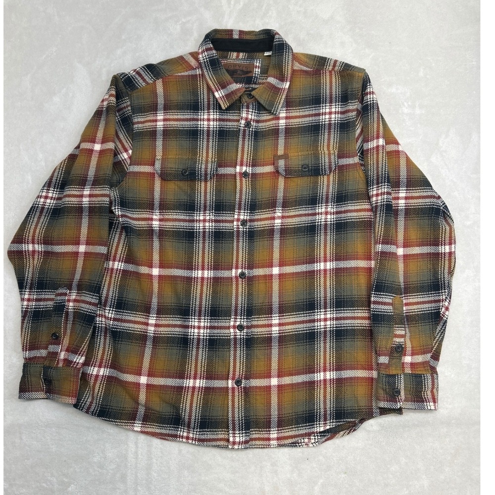 Orvis Flannel Shirt Mens XL Brown Green Plaid Cotton Button Down Side‎ Pockets